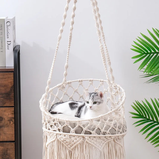 Pet Cat Hammock Swing Bed Bohemian Handwoven Tapestry Cotton Macrame for Home Outdoor Wall Hanging with Cushion