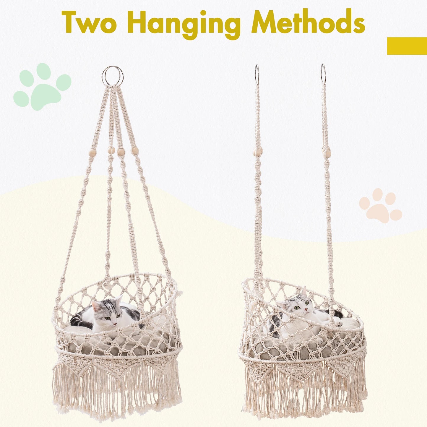 Pet Cat Hammock Swing Bed Bohemian Handwoven Tapestry Cotton Macrame for Home Outdoor Wall Hanging with Cushion